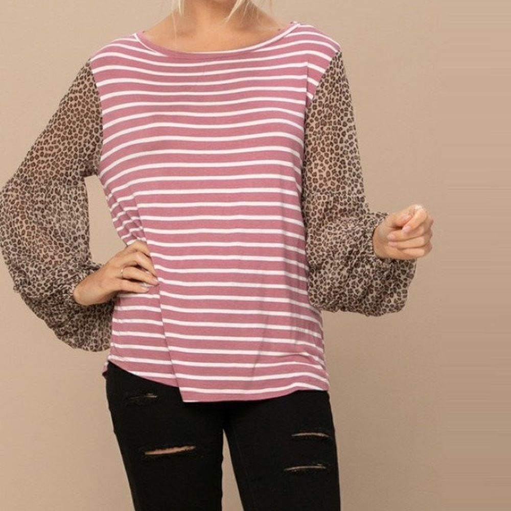 Oddy Striped Mix Jersey Knit Top Sheer Leopard Print Sleeves M
